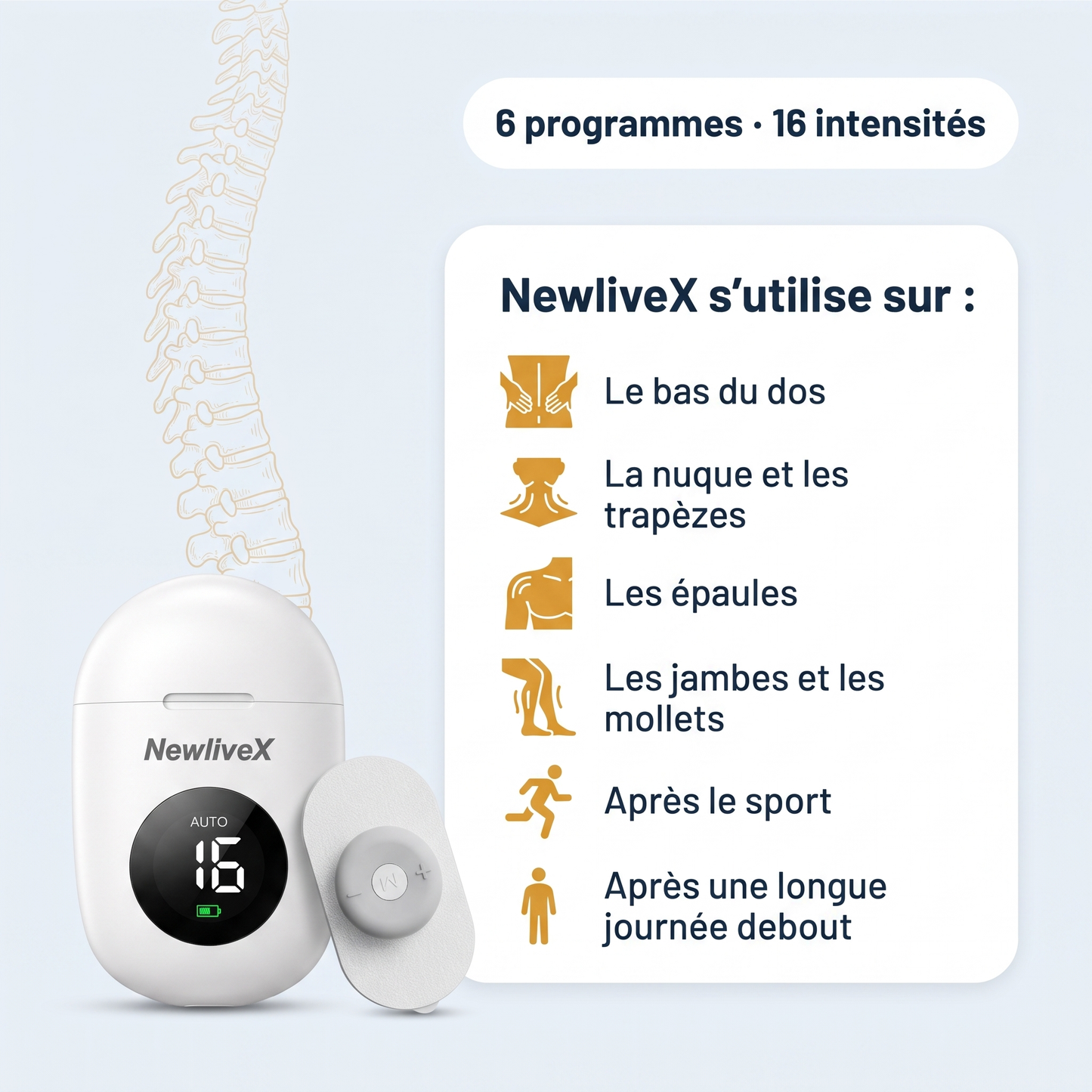 Zones d'utilisation : bas du dos, nuque, épaules, jambes