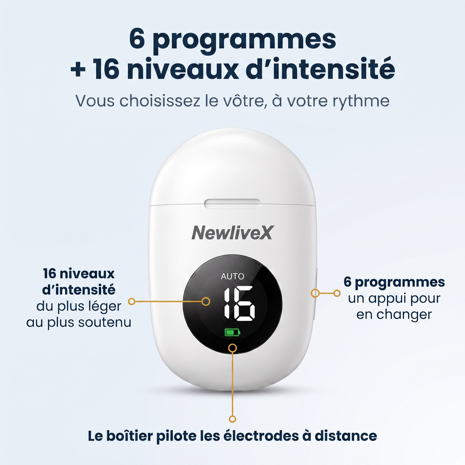 6 programmes et 16 niveaux d'intensité sur l'écran du boîtier