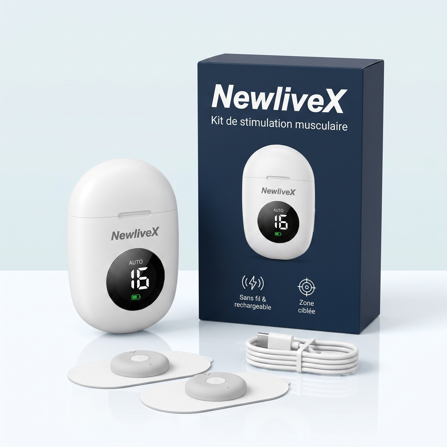 Coffret NewliveX : appareil, deux électrodes gel et câble USB-C