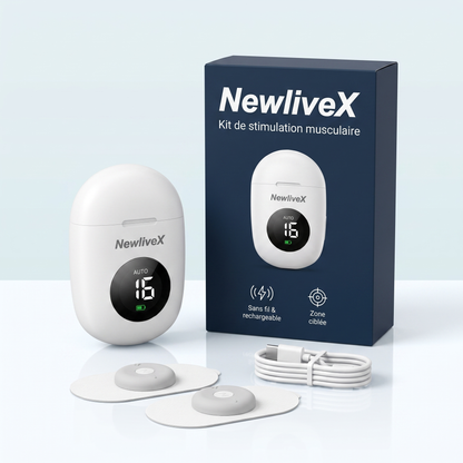 Coffret NewliveX : appareil, deux électrodes gel et câble USB-C