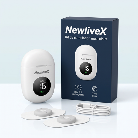 Coffret NewliveX : appareil, deux électrodes gel et câble USB-C