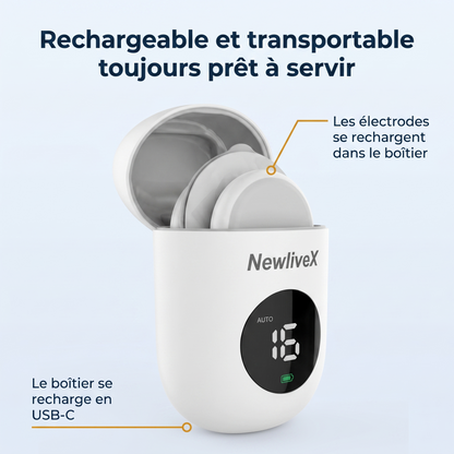 Boîtier NewliveX ouvert : les électrodes se rechargent à l'intérieur